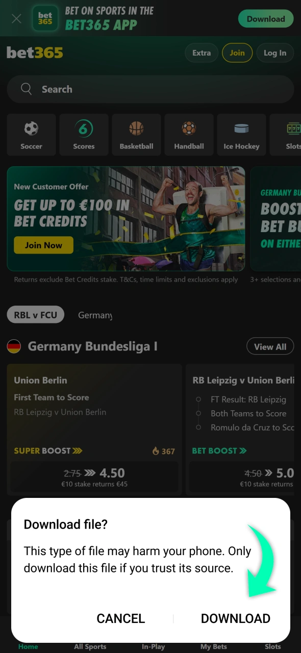 Begin downloading Bet365 APK from official casino website.