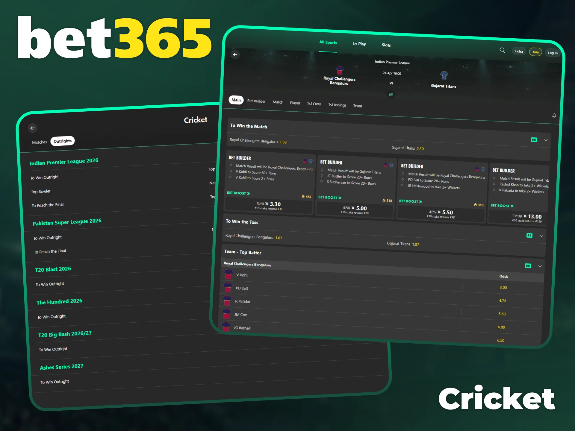 Place your bets on the most popular cricket matches at Bet365 sports.