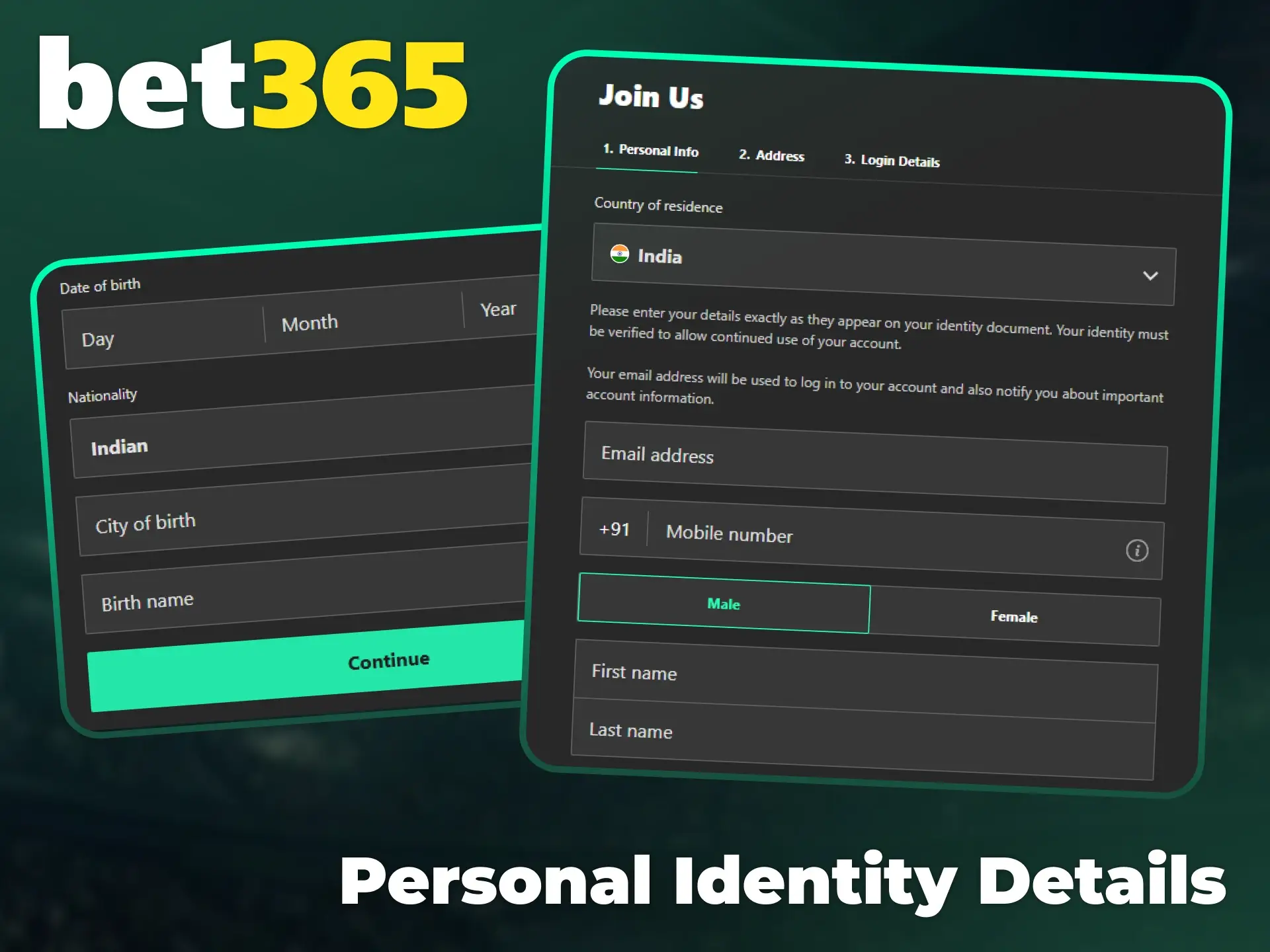 Provide your personal identity details to begin your Bet365 registration.